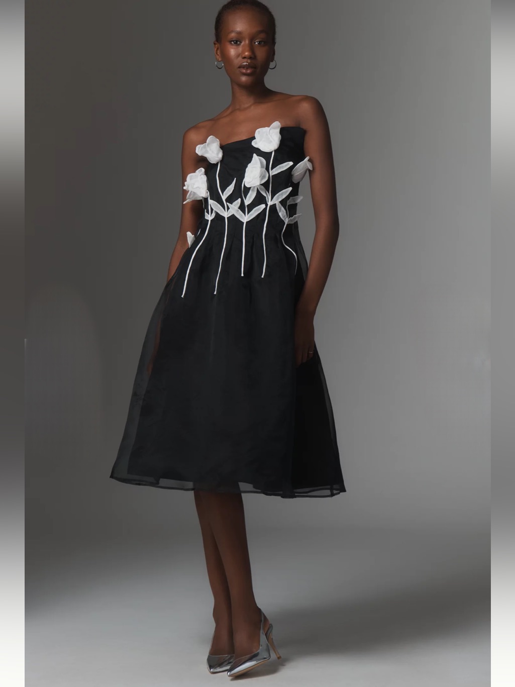 Nwt Anthropologie Maeve Organza 3d Floral Strapless Midi Dress Size Medium